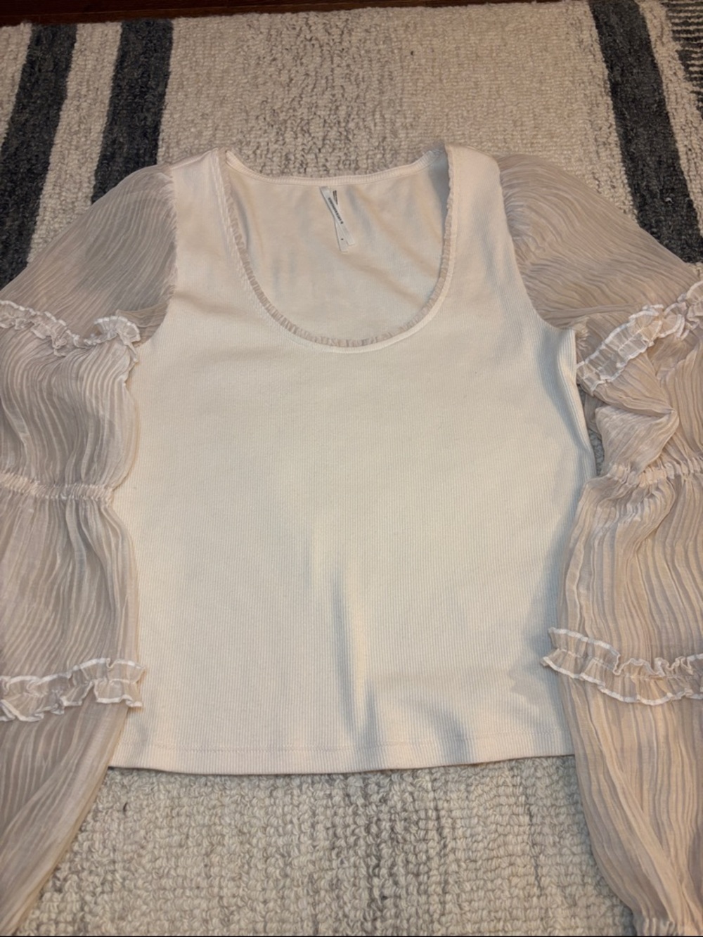 Anthropologie Cream Knit Crop Top with Sheer Ruffle Puff Sleeves NWOT - Picture 8 of 13